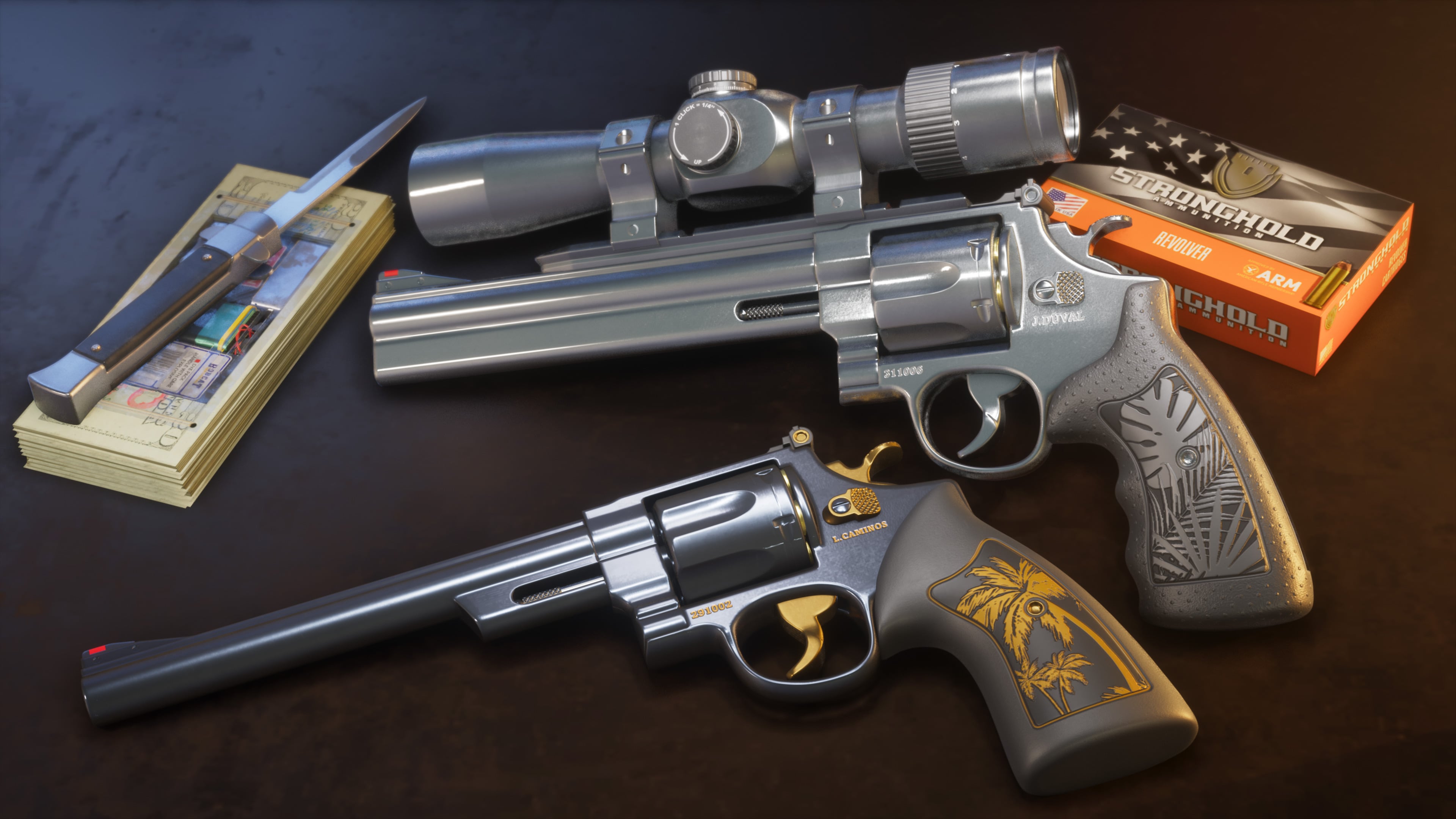 Two revolvers side by side: a silver scoped version marked J. Duval and a darker gold-accented version marked L. Caminos.