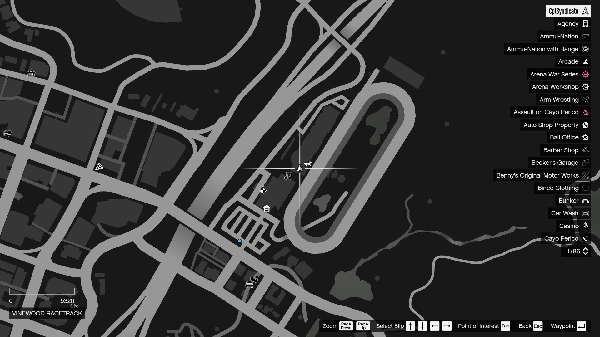 The map shows the location of the Yuanbao at the Vinewood Racetrack in East Vinewood.