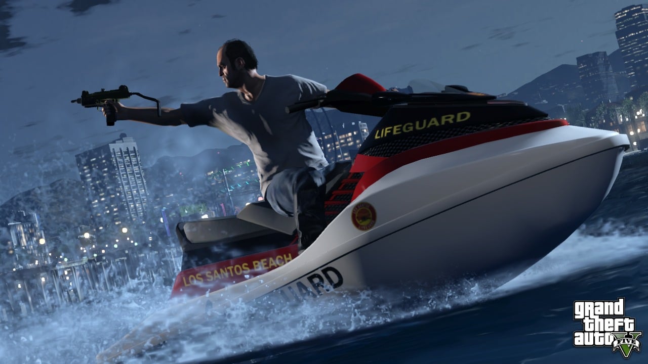 The official screenshot of Trevor showing him driving a jet-ski in a drive-by shooting.