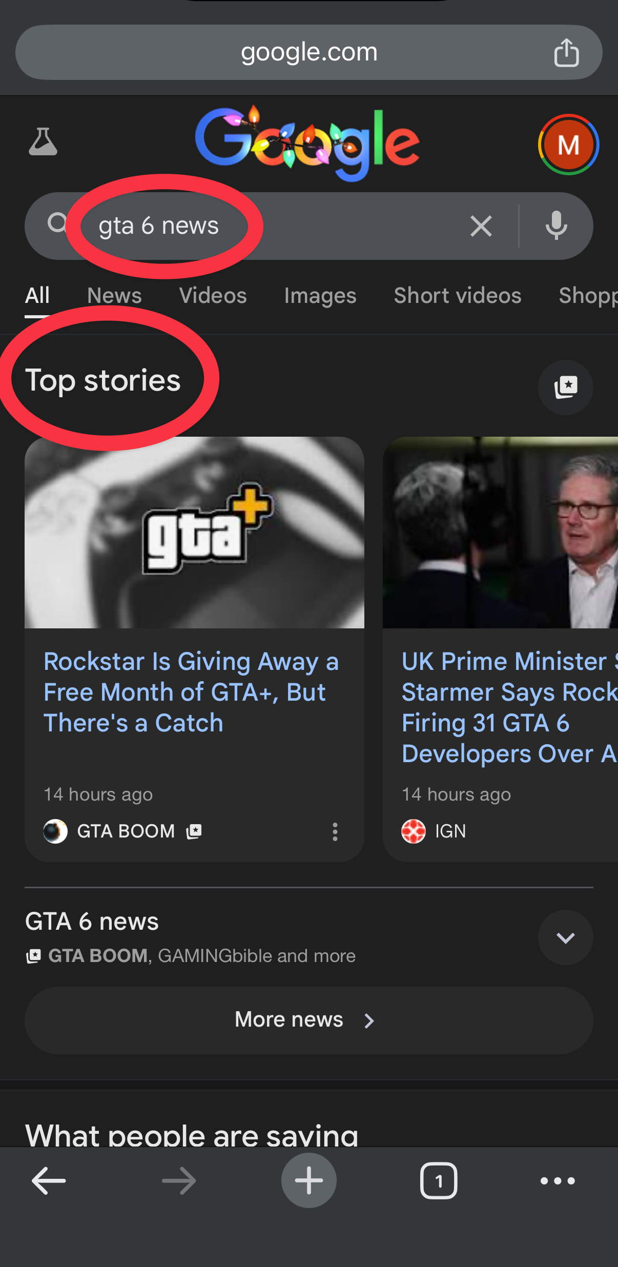 Google Search with GTA 6 News typed into the search bar, ready to run the query.