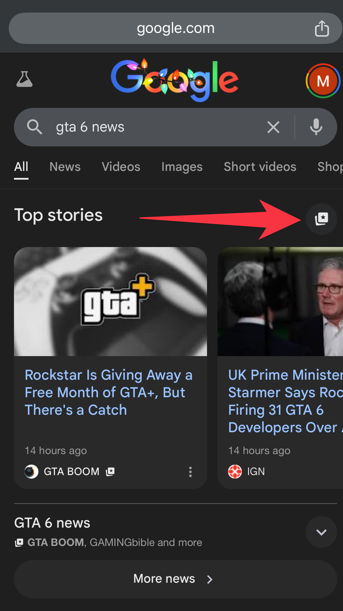 Google Search results for GTA 6 News highlighting the Top Stories preferred source icon.