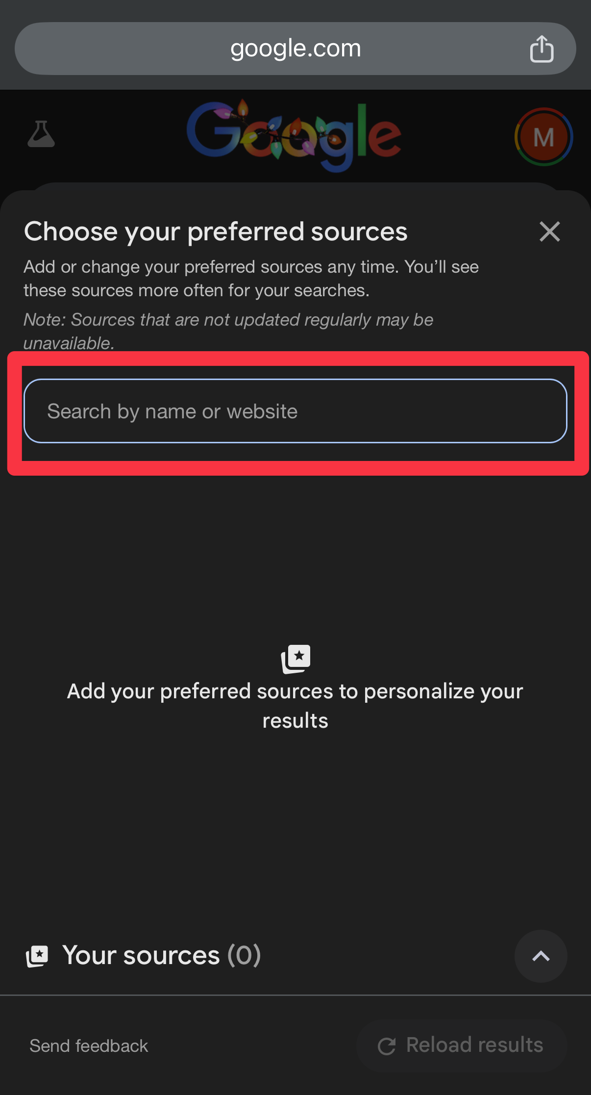 Google Preferred Sources menu showing the search bar to find specific websites.