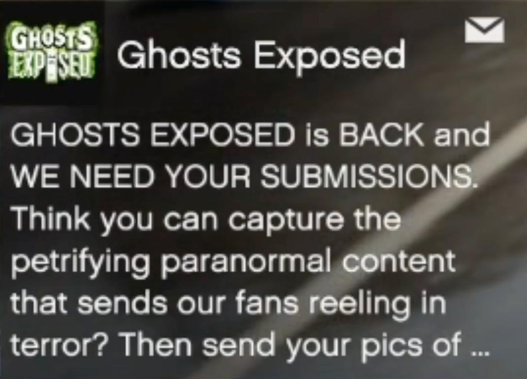 Ghosts Exposed phone message inviting players to submit paranormal photographs.