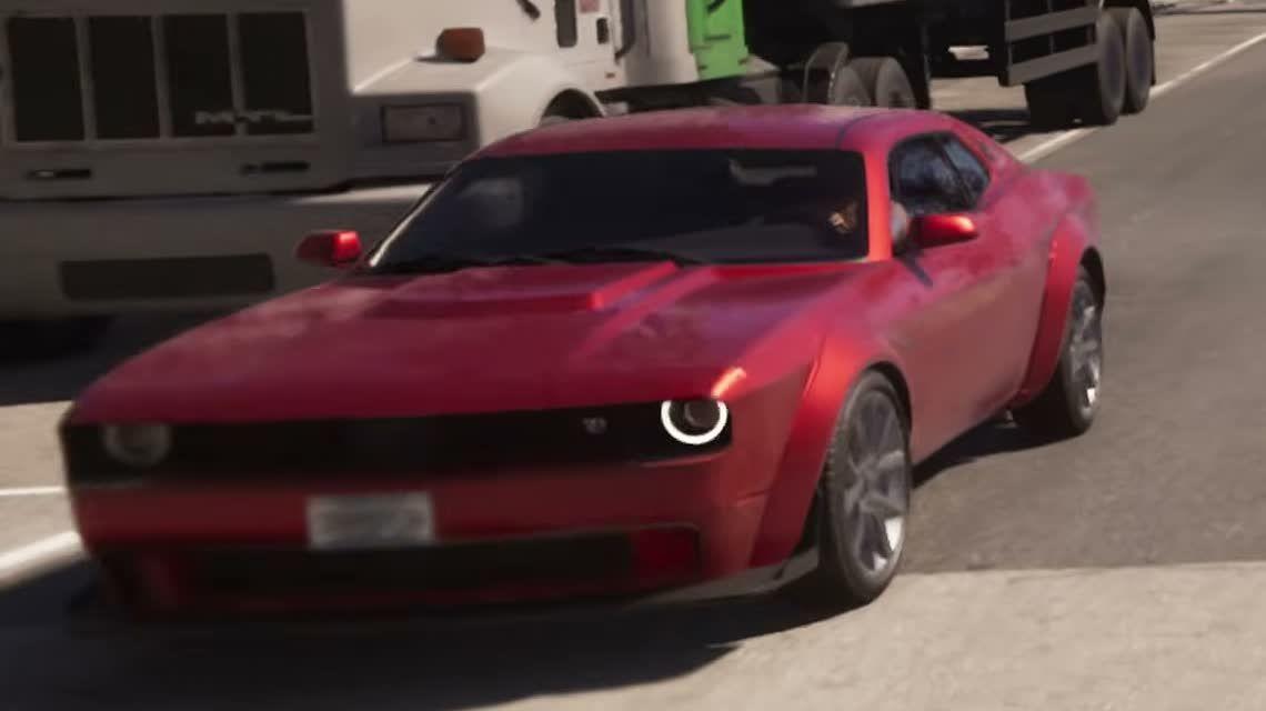 Red muscle car with circular headlights, a hood scoop and split-spoke wheels passing a convertible.