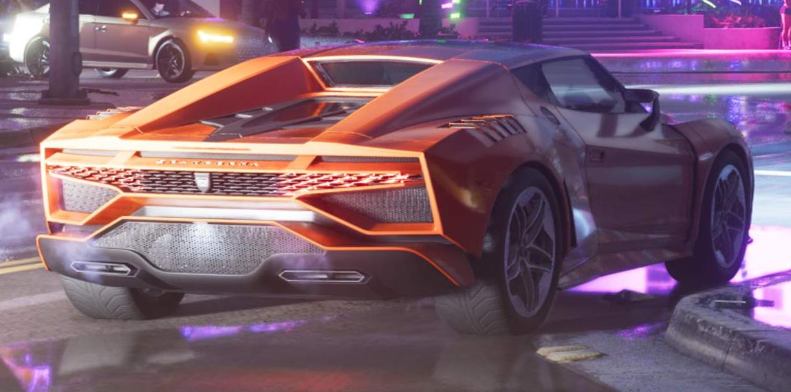 Rear three-quarter view of an orange sports car outside neon-lit hotels.