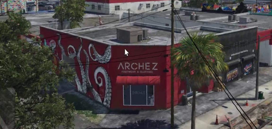 Archez occupies a low Stockyard building wrapped in a red-and-white mural.