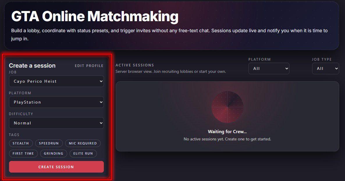 After setting your parameters, click on the 'create session' button.