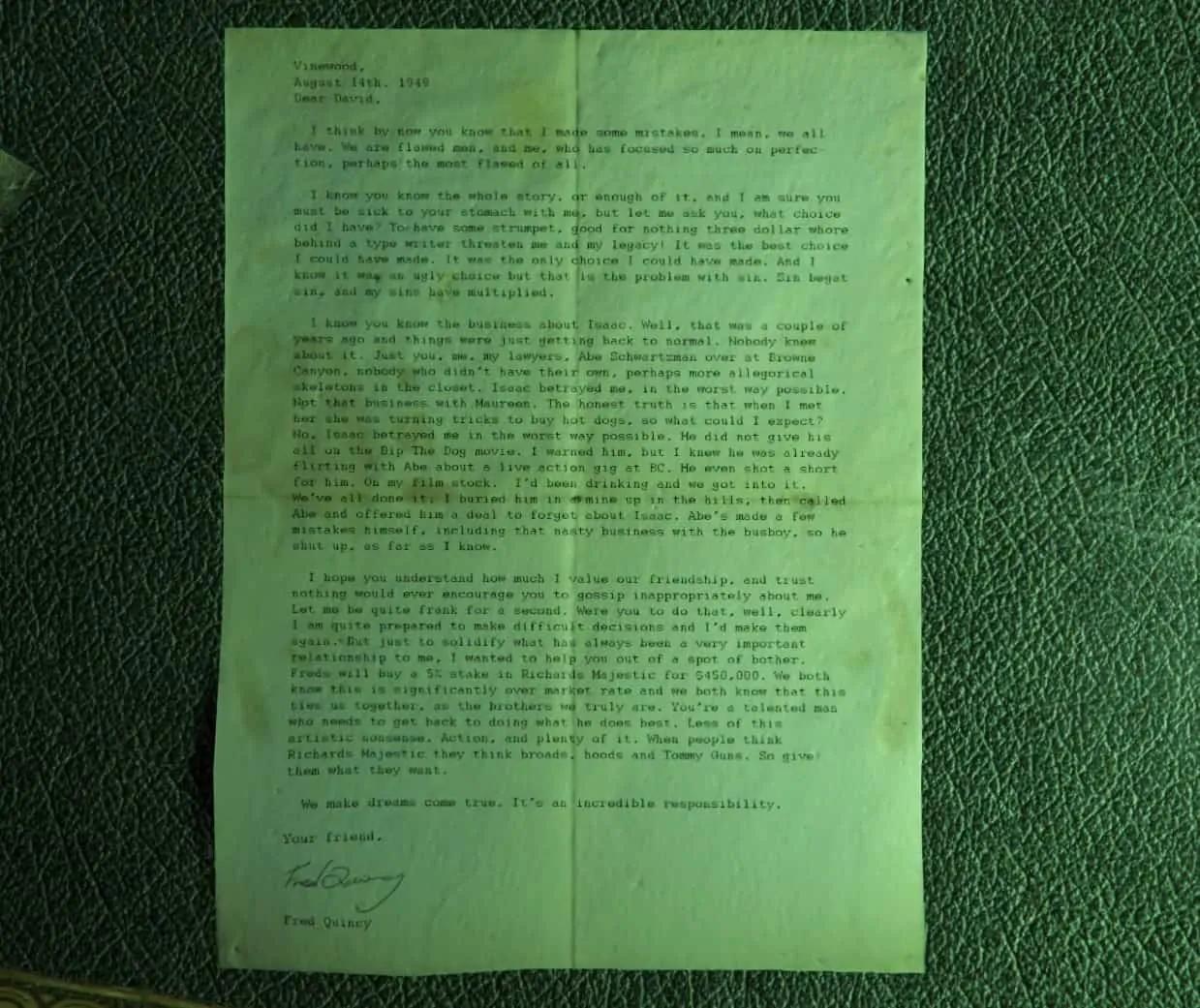 Letter to David Richards by Fred Quincy confessing about the murders he did