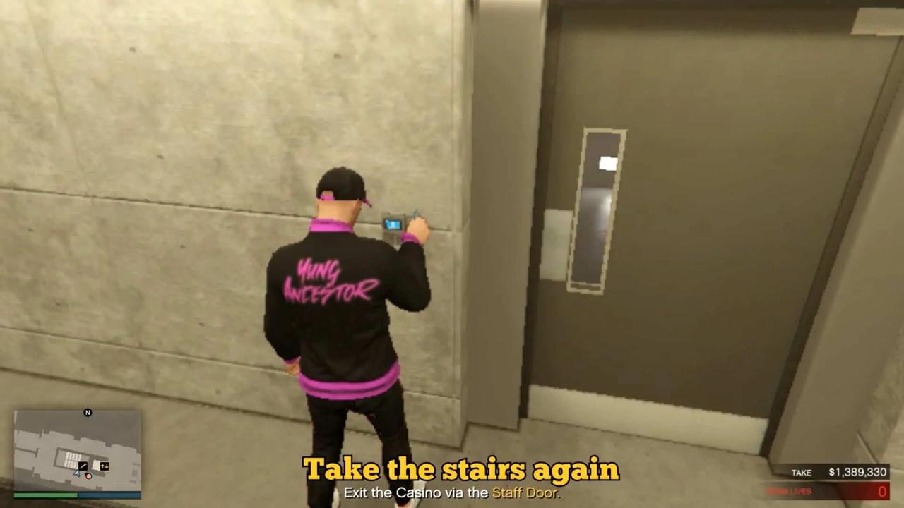 Swiping the keycard on the door leading to the stairs