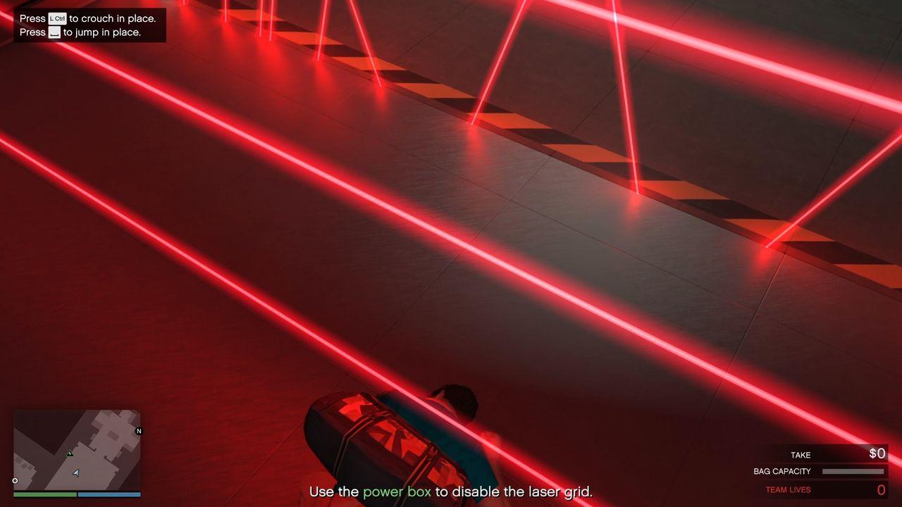Crouching to avoid the incoming three horizontal lasers.
