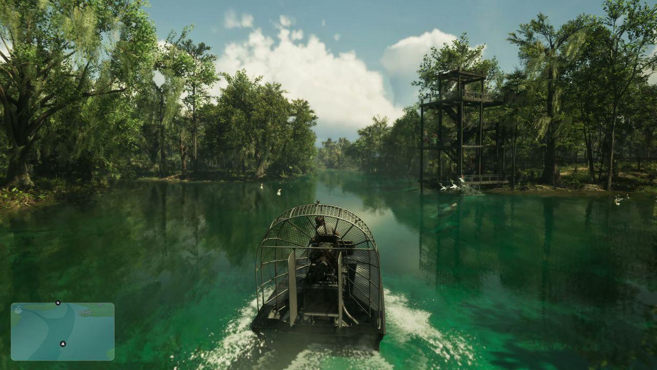 An airboat cuts through green wetlands outside the city.