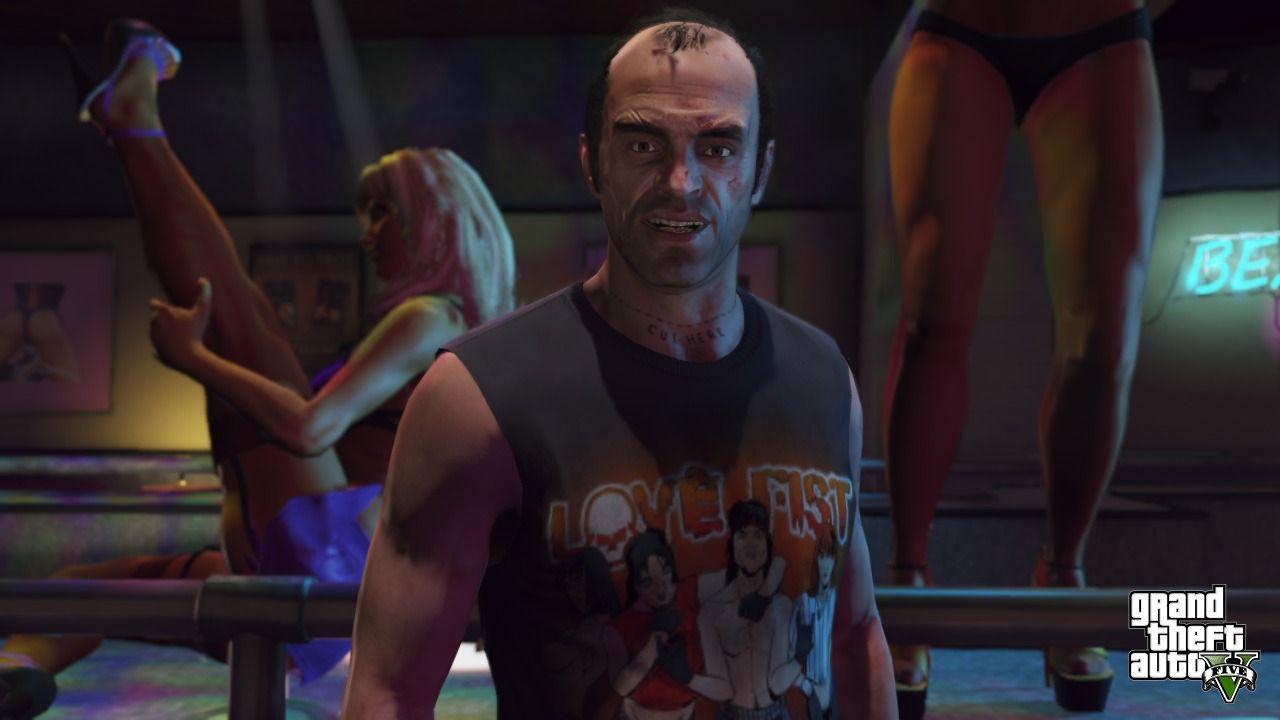 The official screenshot shows Trevor inside the Vanilla Unicorn strip club.