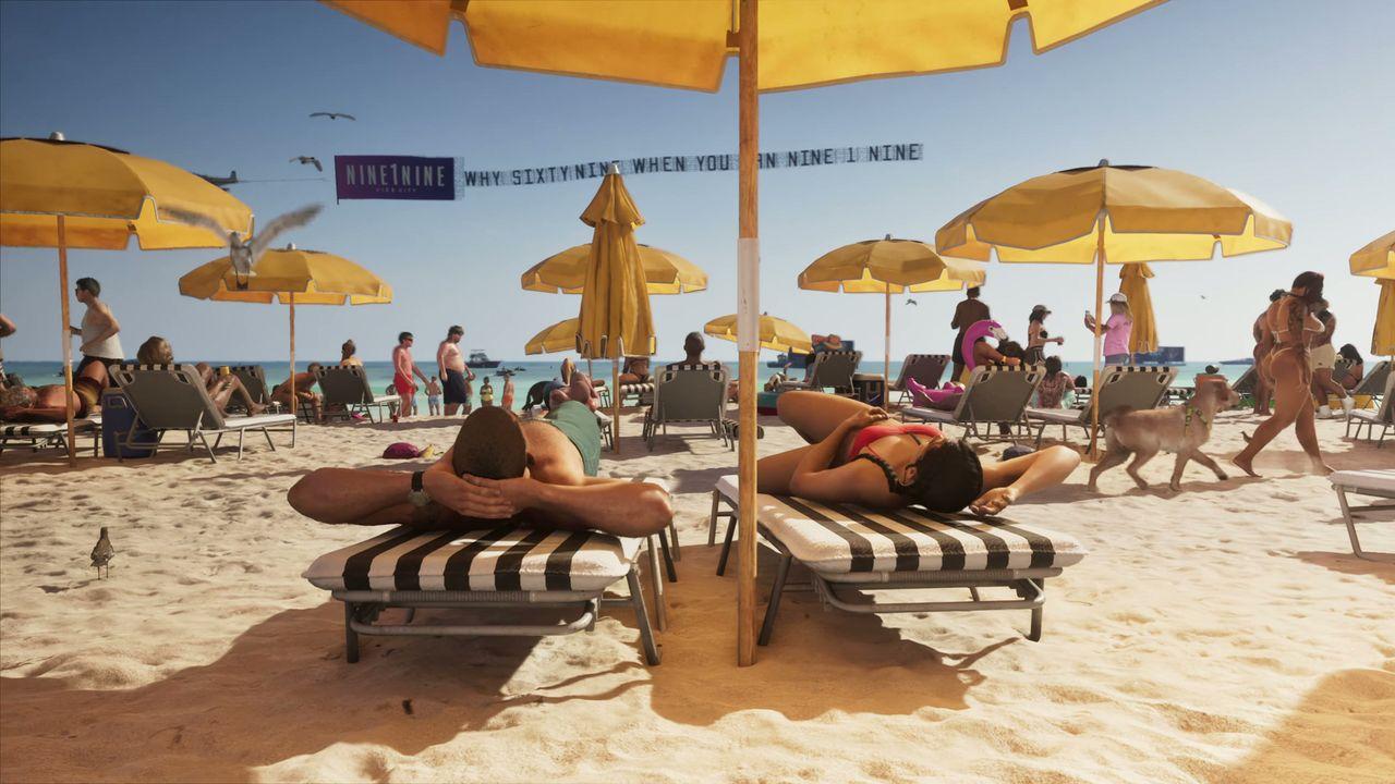 Sunbathers fill a busy beach under rows of yellow umbrellas.
