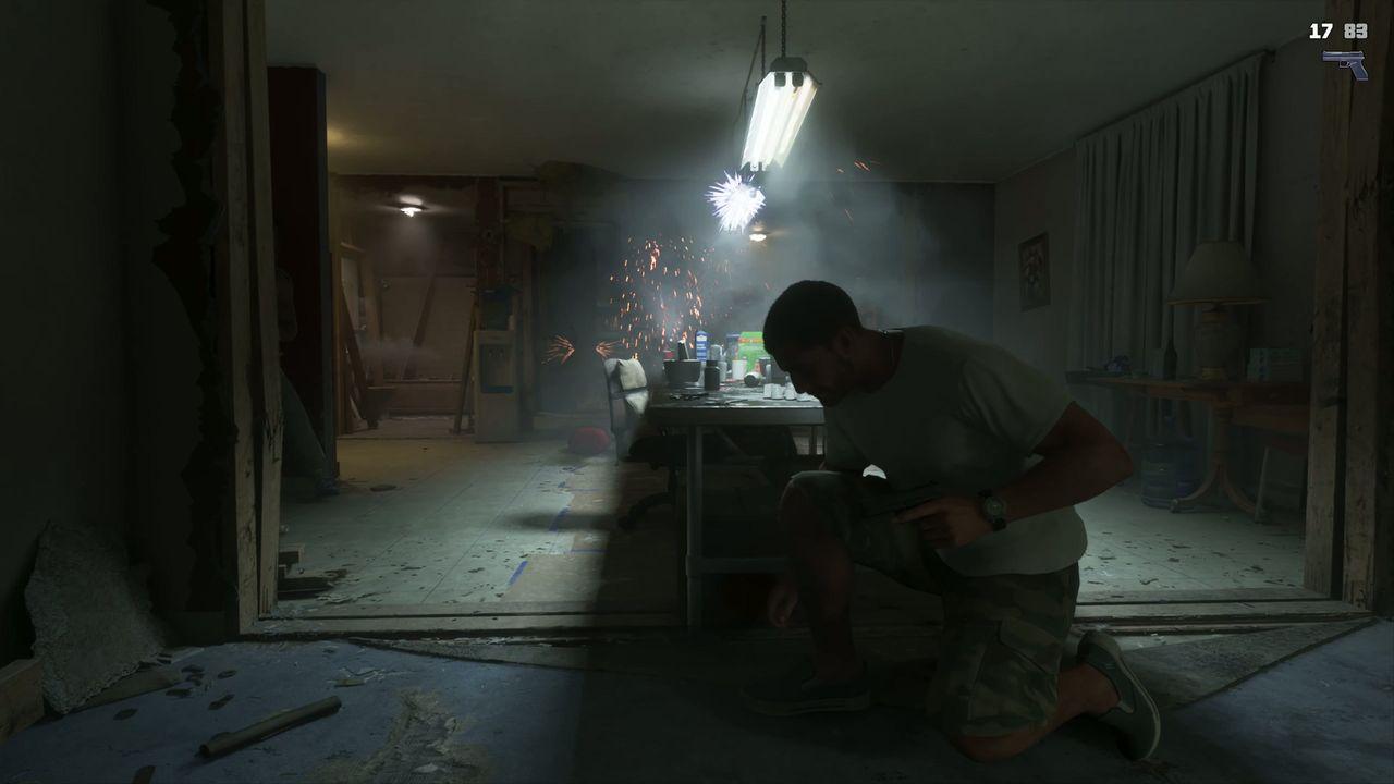 Gunfire erupts as the player moves through the apartment.