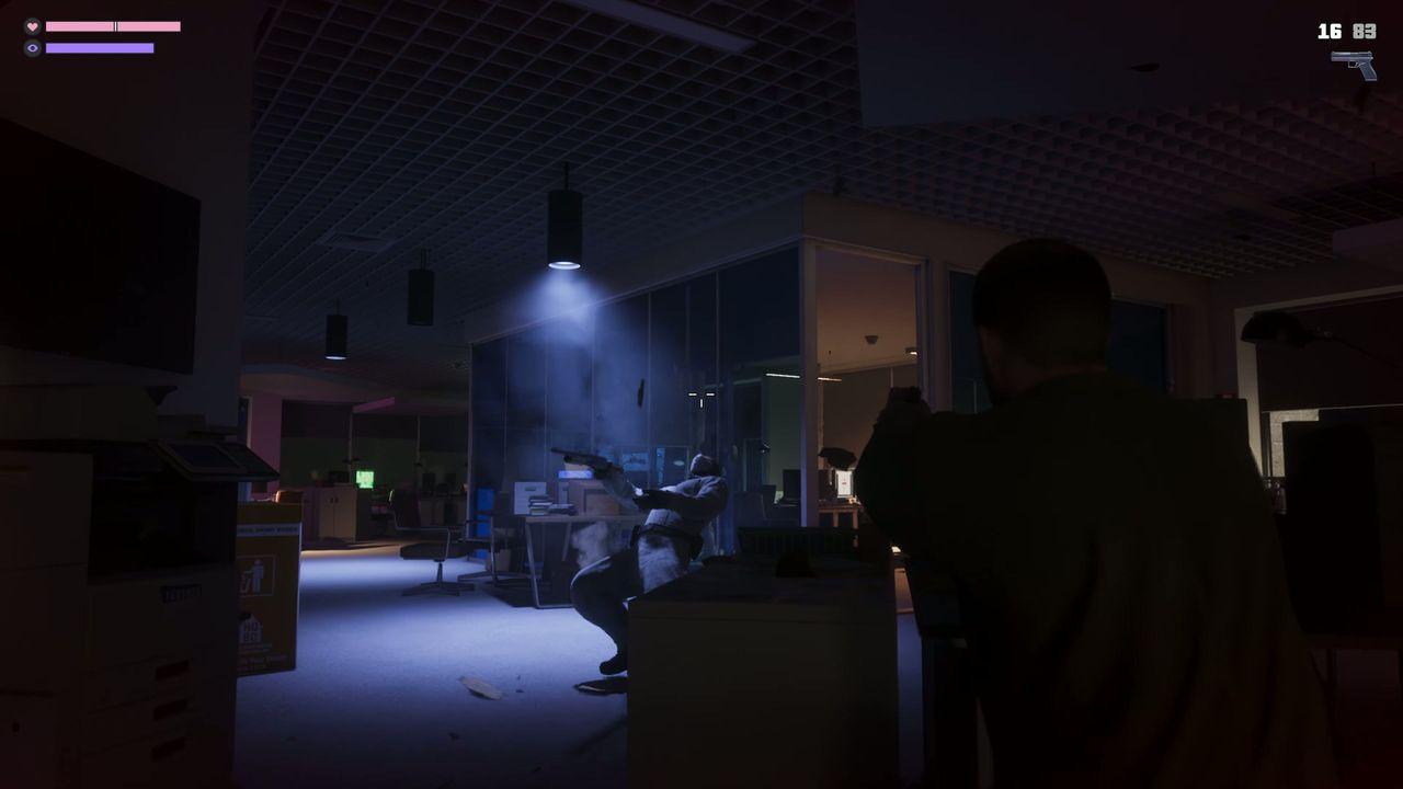 The player advances through a dark office during a firefight.