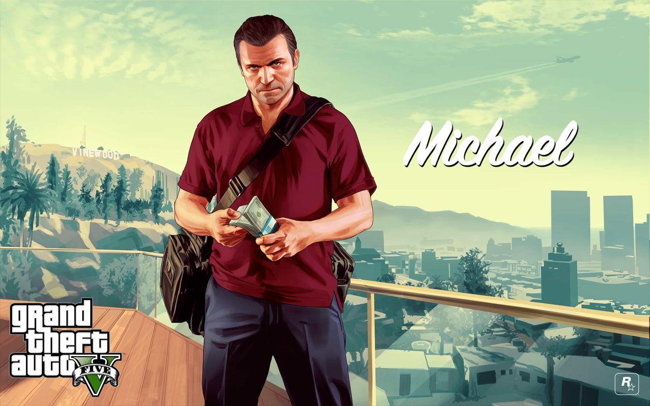 Michael De Santa holding a handgun above Los Santos in official GTA 5 artwork