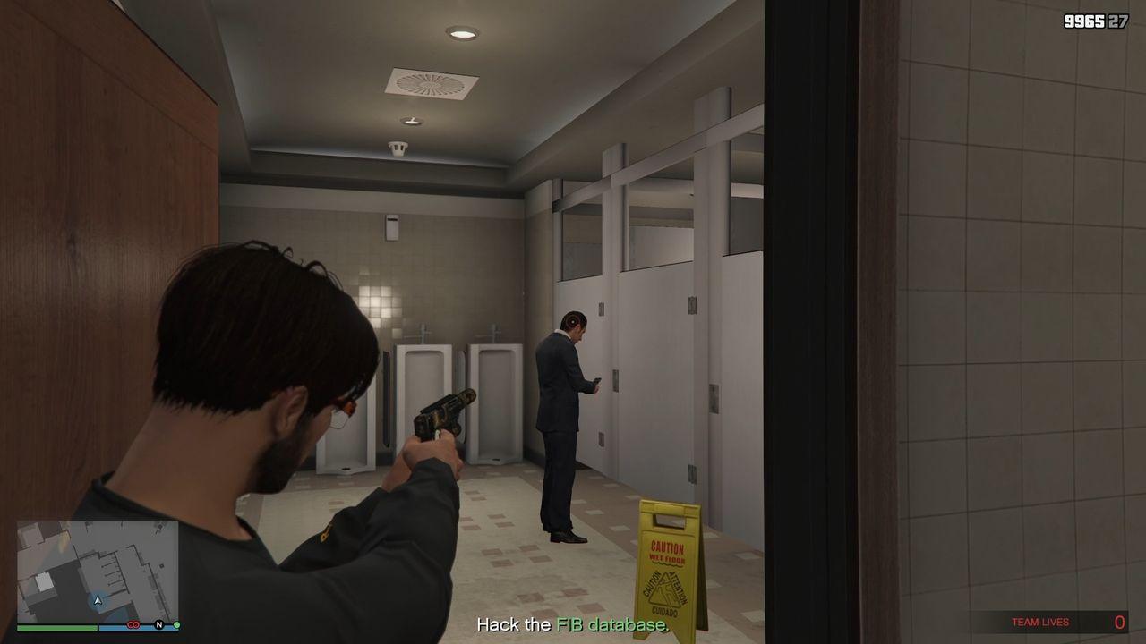 The unsuspecting agent inside the bathroom.