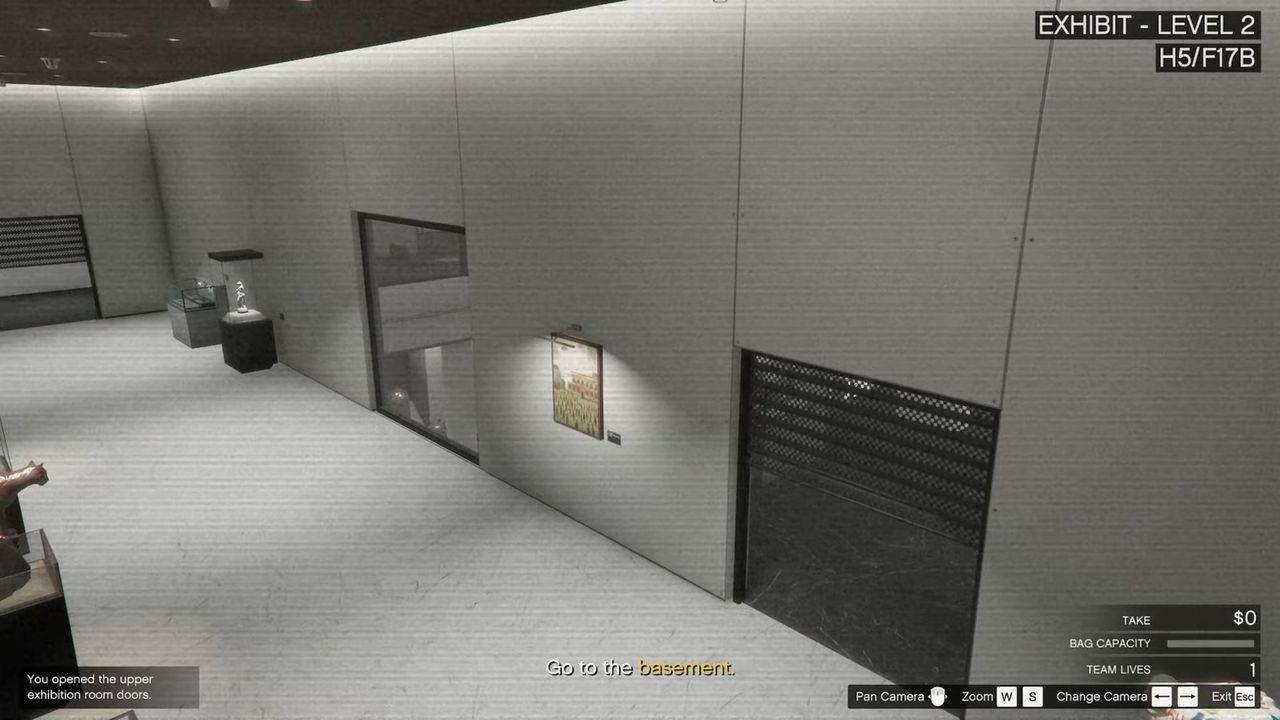 One player opens the Crisp Gallery shutter from the security room while another enters.