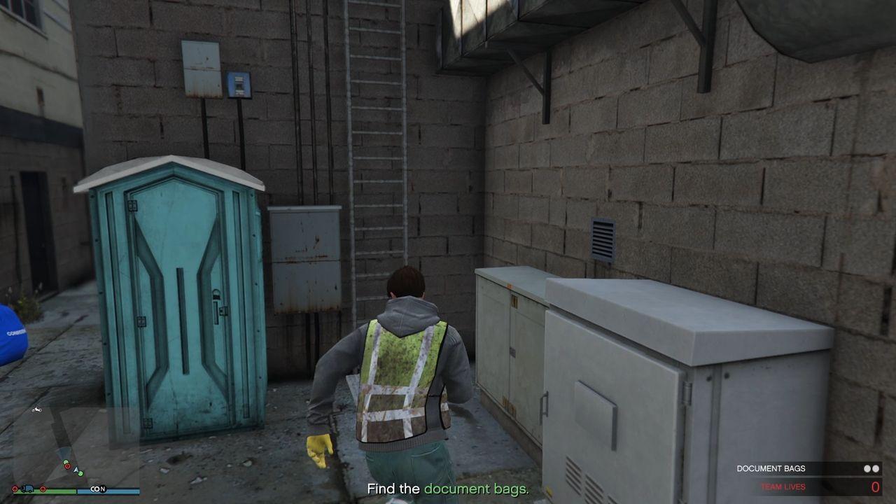 The ladder at the end of the alleyway.