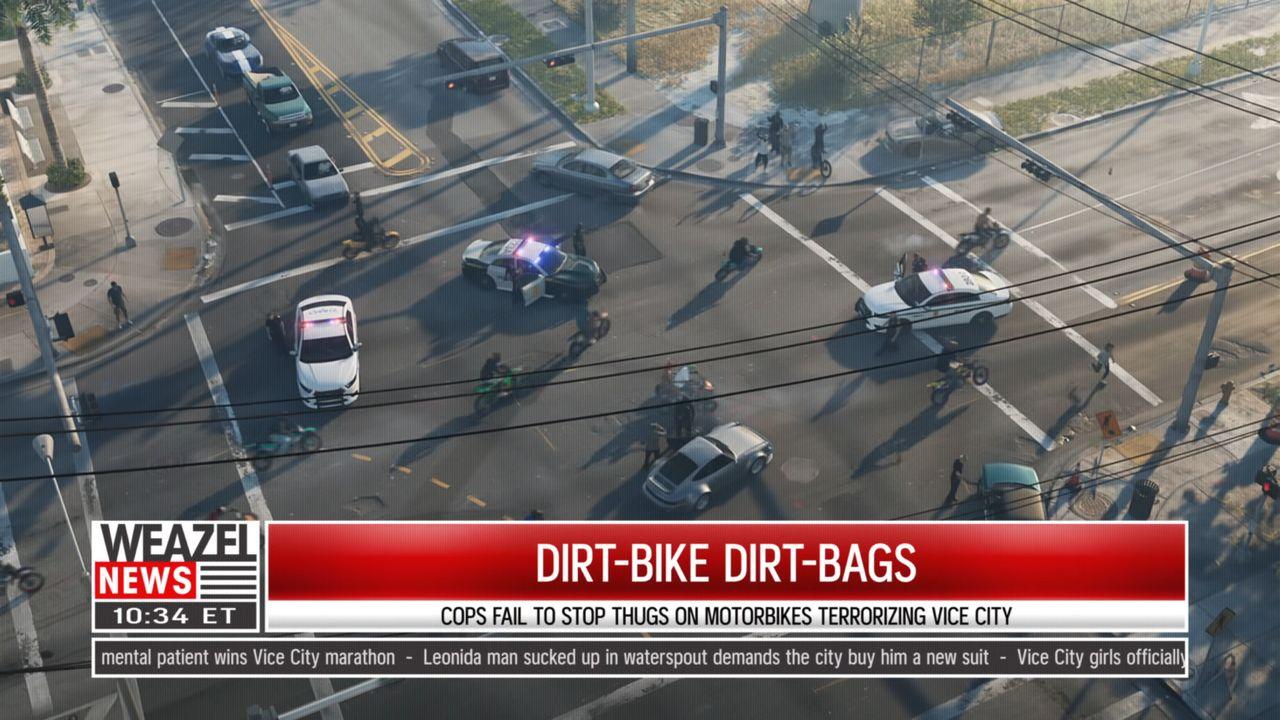 Weazel News follows a pack of riders taking over a Vice City intersection.