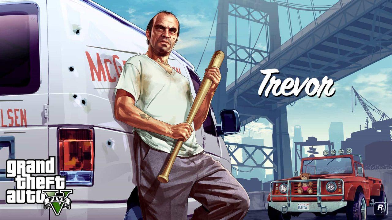 Trevor Philips holding a baseball bat beside his truck in official GTA 5 artwork