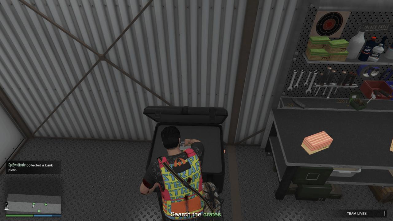 Stealing the bank plates from one of the four crates