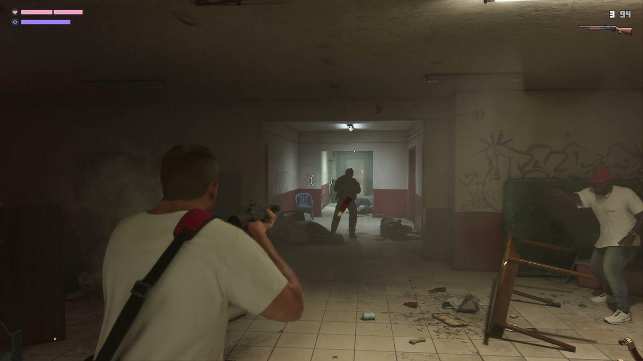 The firefight pushes into the building's narrow corridors.