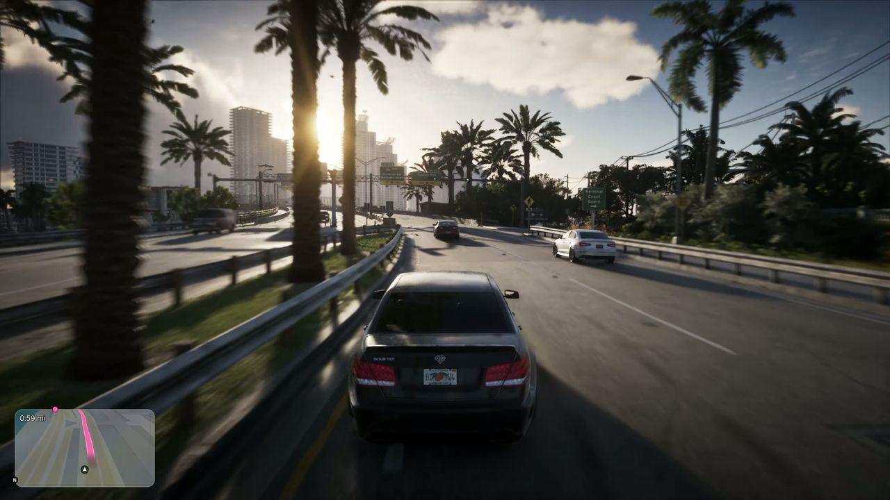 A magenta route crosses the minimap while Jason drives through Vice City in the Extended Look. The map uses shaded roads and raised building shapes rather than GTA V's flat linework.