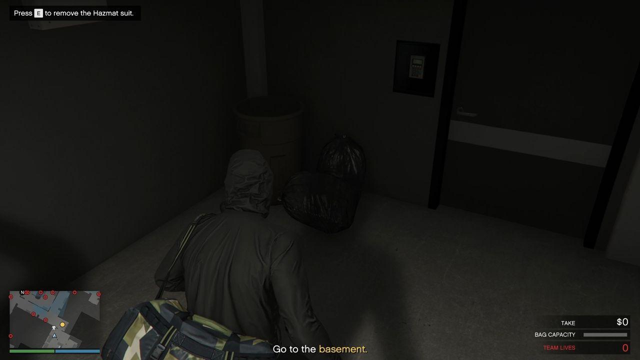 Remove the Hazmat Suit by interacting with the trash bin in the corner by the exit door.
