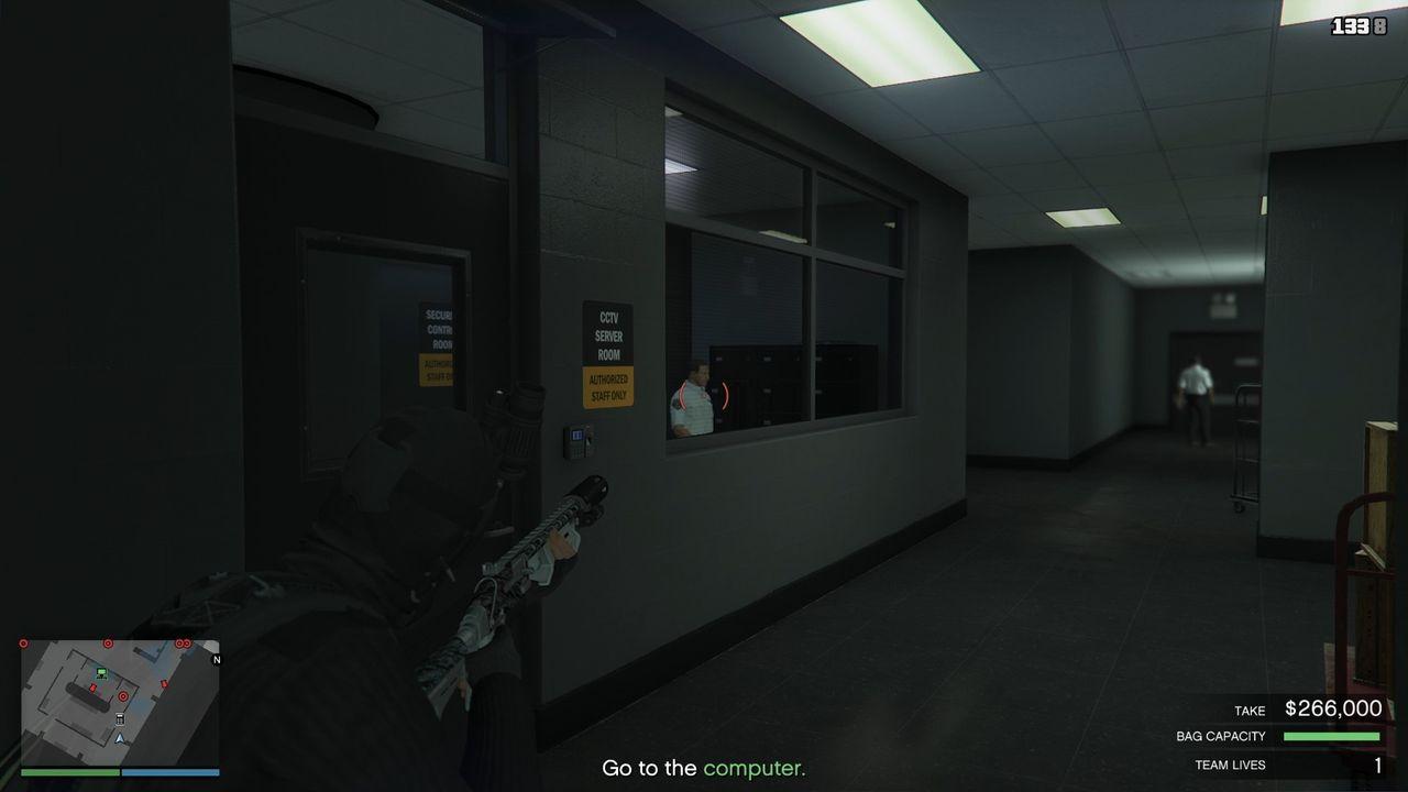 Taking out the guard that just came out of the security control room.