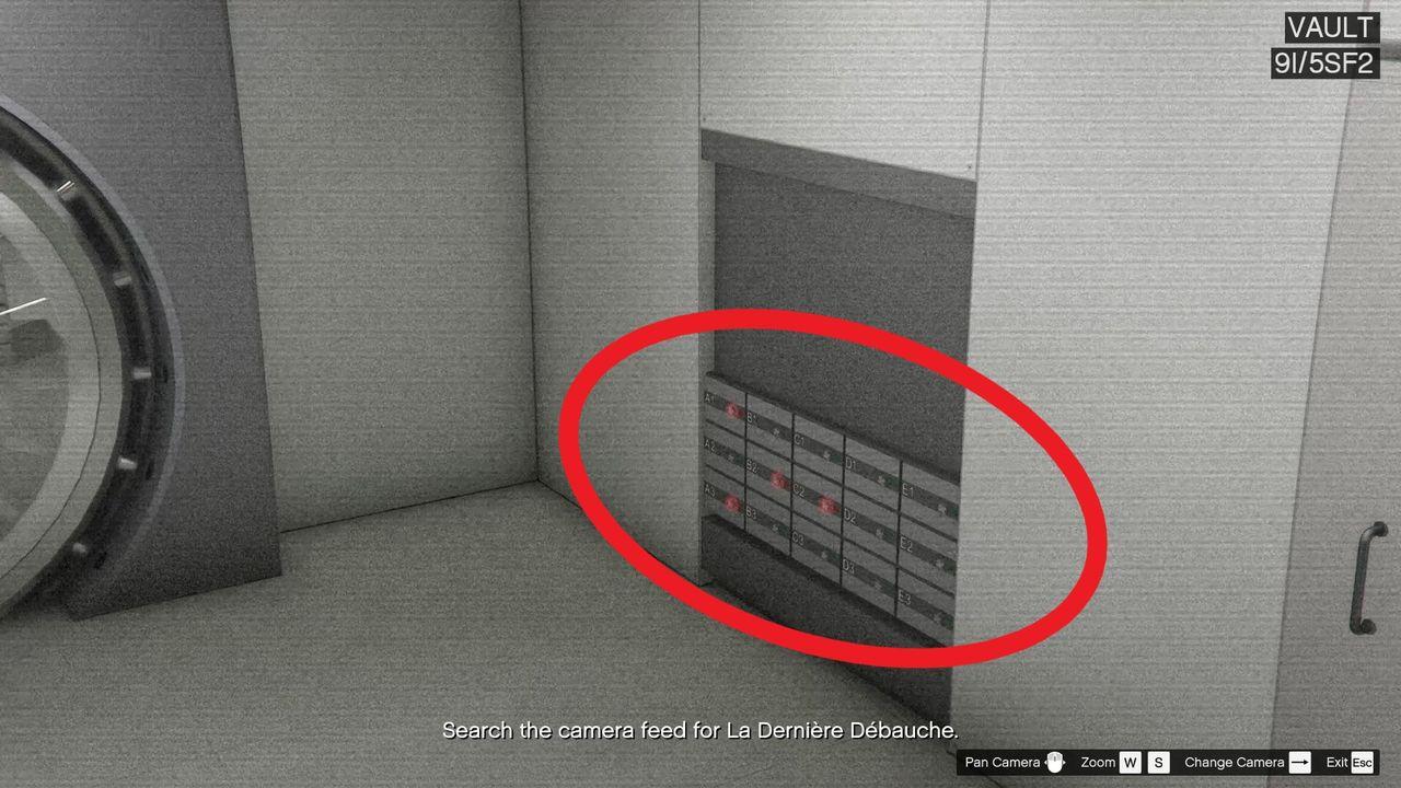 The vault safety deposit boxes scoped out through the security room camera feed during scope out.