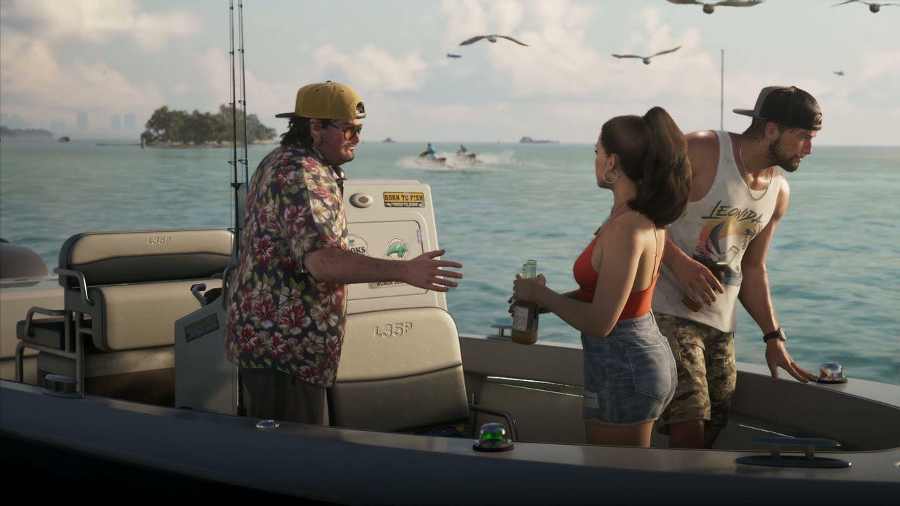 Three people talk aboard a boat on the water.