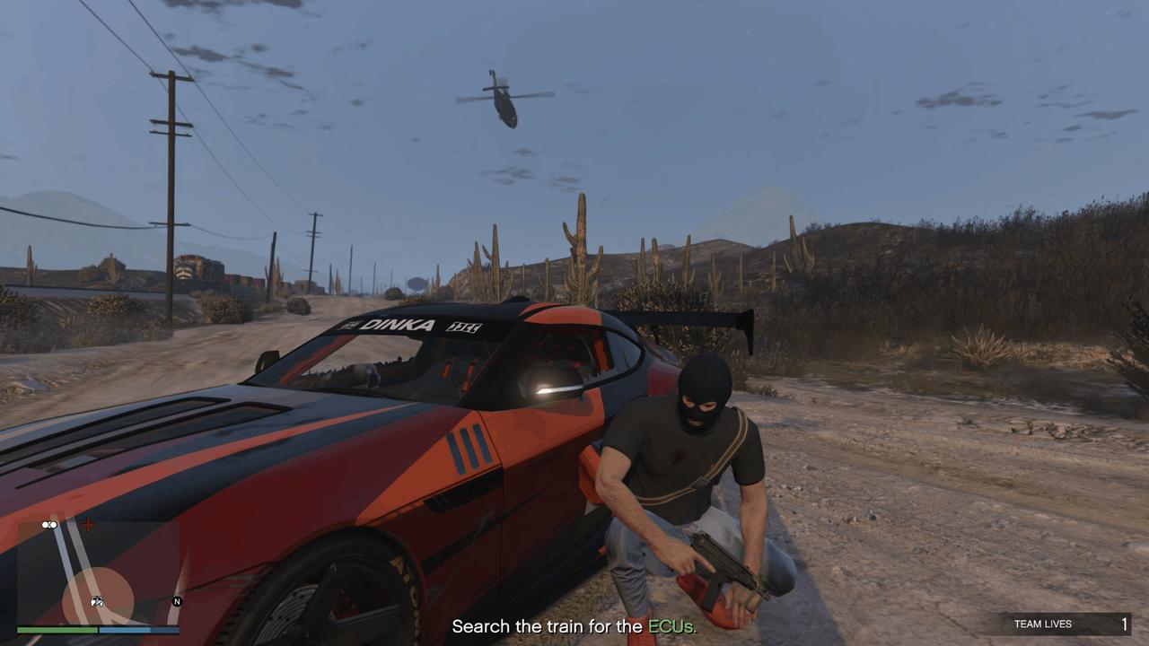 Taking cover behind the car after destroying the brake cylinders