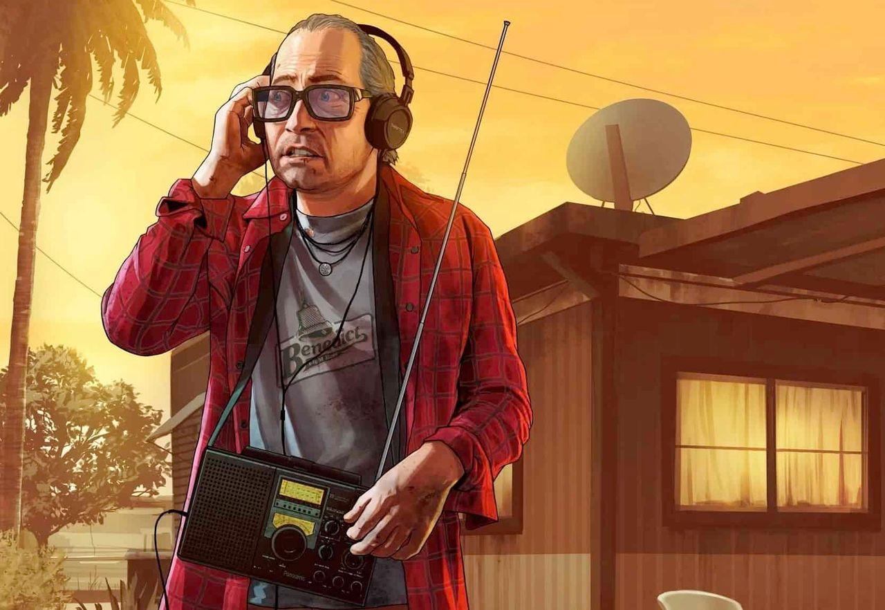 Ron Jakowski speaking on a phone outside his trailer in GTA 5