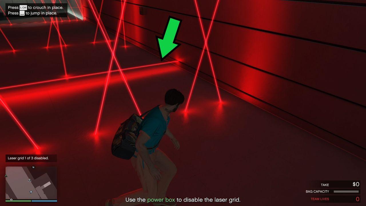 The horizontal line at the bottom. Just avoid jumping and wait for it to disappear. It doesn't go across the entire room and disappears within the second laser section itself in this hard variant.