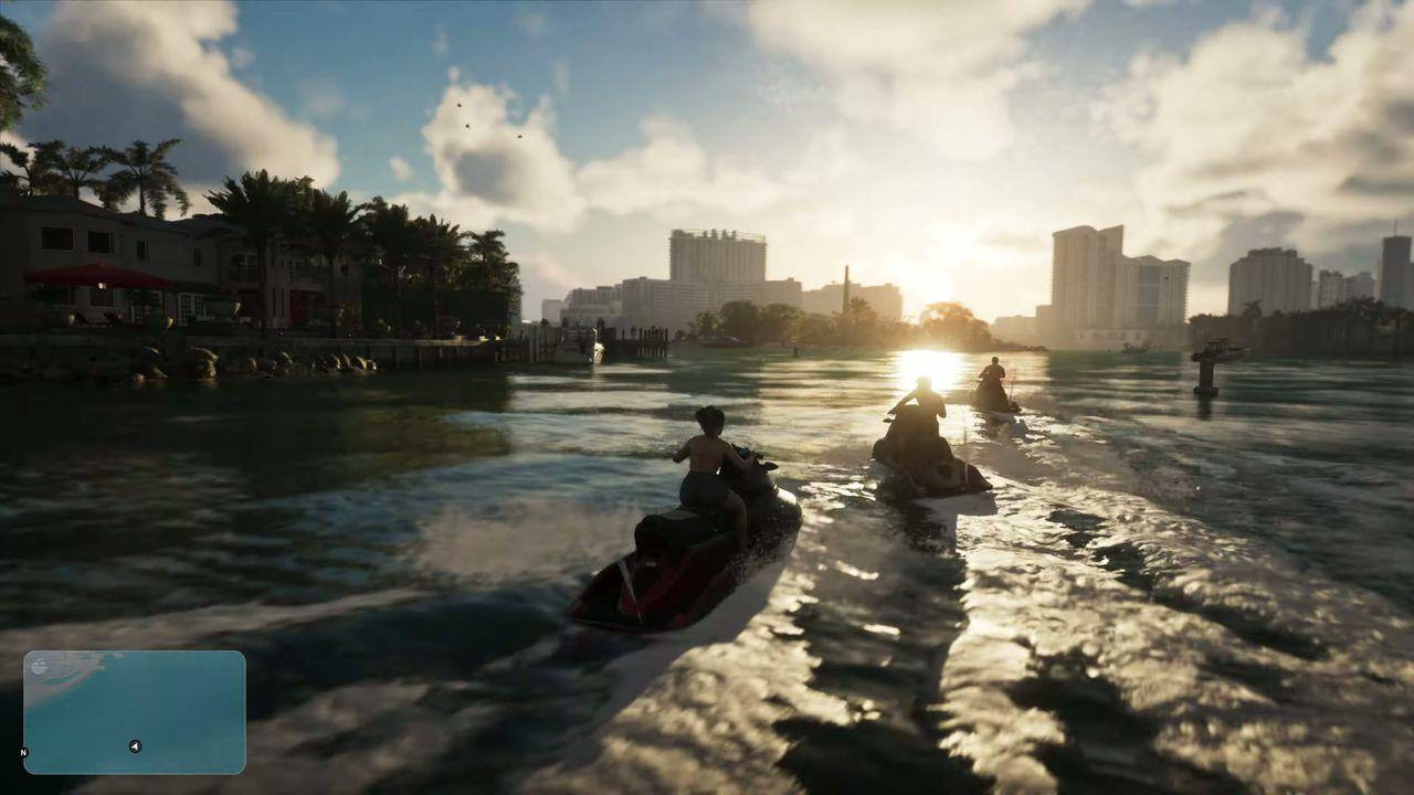 Two riders cross the water on personal watercraft.