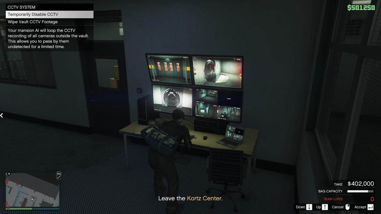 Going back to the same computer inside the security room to wipe the CCTV footage and disable the cameras.