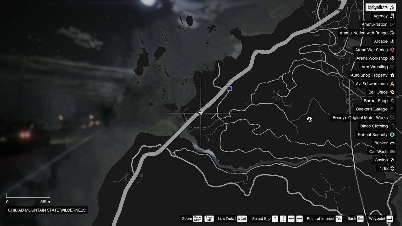 The map shows the location of the golden clover found at the Blaine County/Paleto Bay highway sign in Chiliad Mountain State Wilderness.