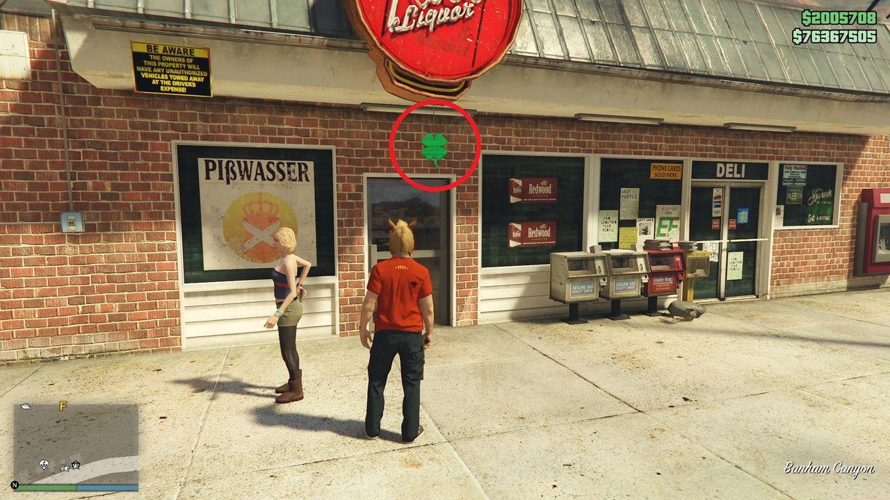 The lucky clover is hanging above the entrance door of Rob's Liquor store on Great Ocean Highway in Banham Canyon.