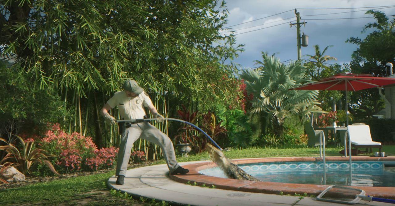 An animal handler wrestles an alligator beside a backyard pool in GTA 6 Trailer 1.