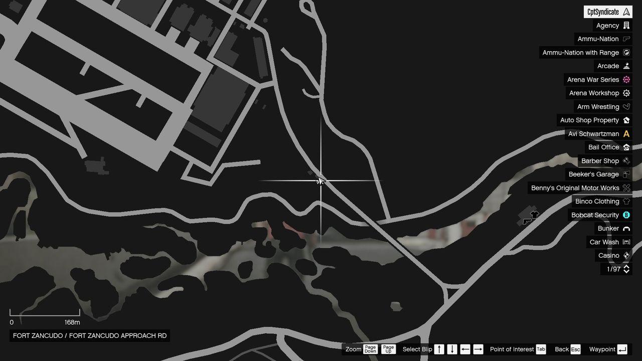 The map shows the location of the lucky clover at the entrance of Fort Zancudo.