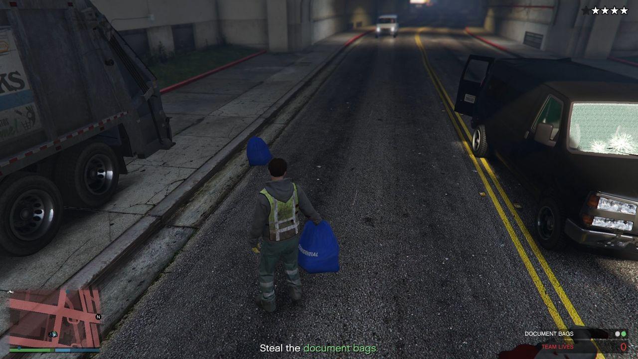 Collecting the document bags that dropped out of the FIB van.