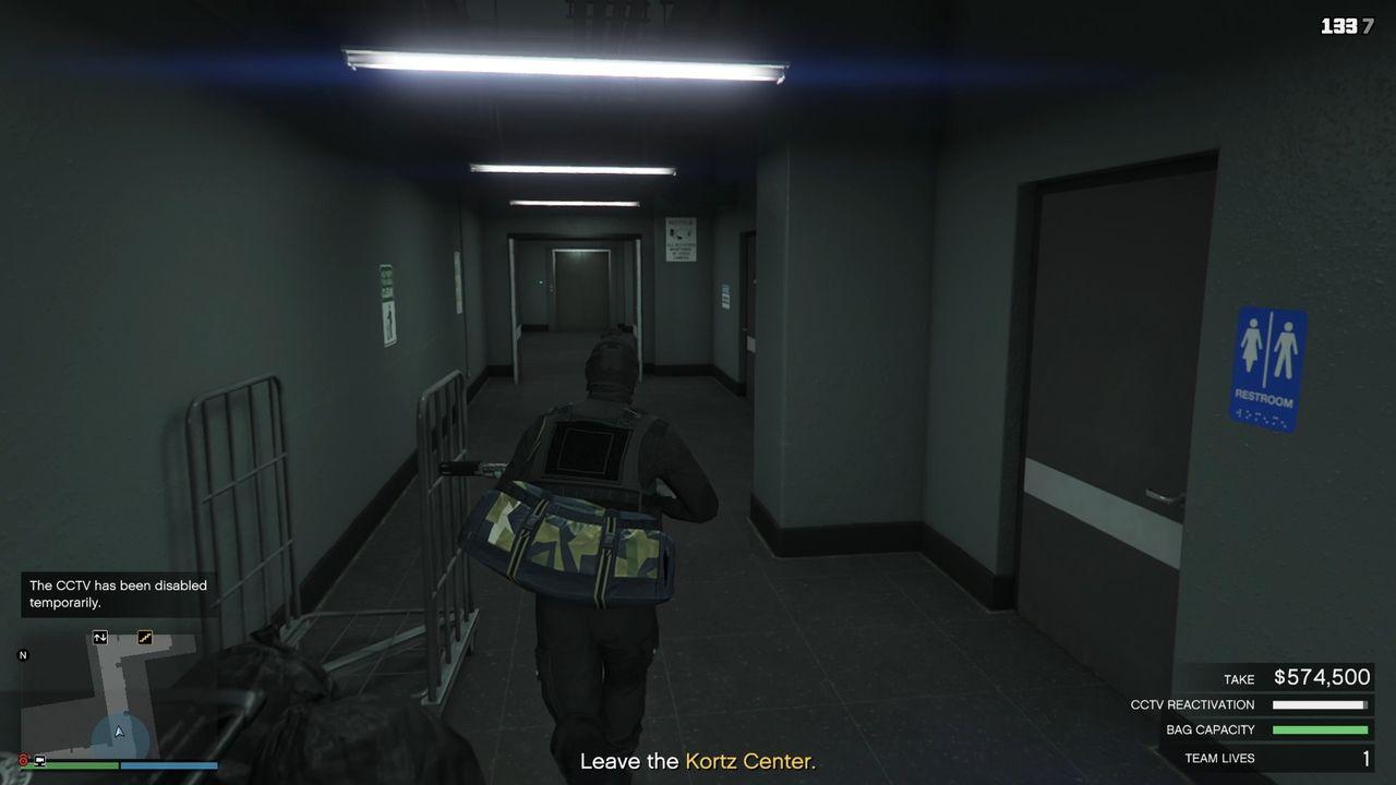Running back to the same elevator we came down from.