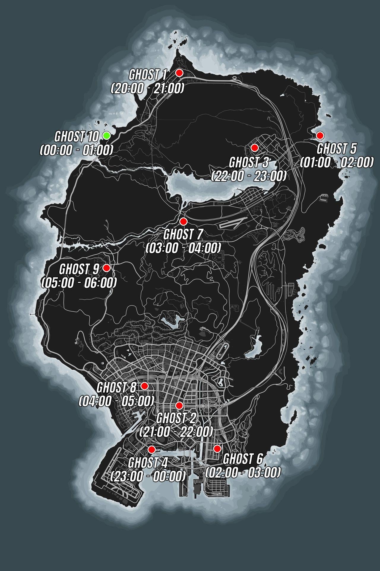 The map shows all 10 ghost locations and the order they spawn in.
