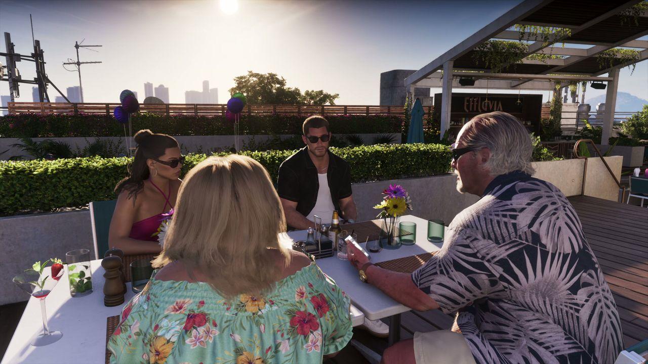 A daytime rooftop meeting overlooks the Vice City skyline.