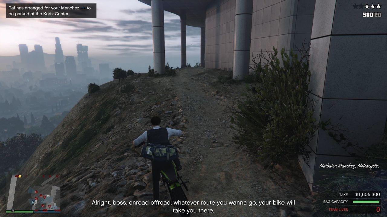 Getting on the Manchez getaway vehicle.