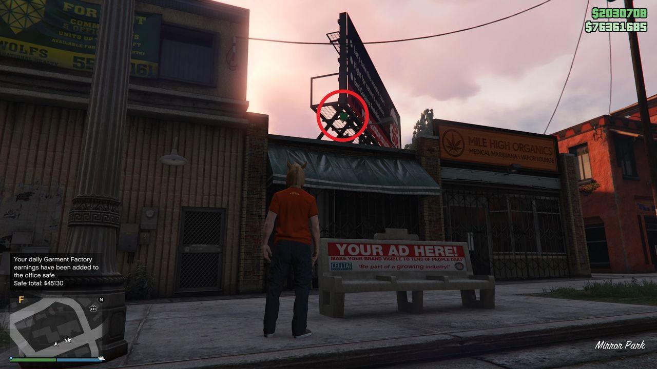 The lucky clover is hanging on a billboard in Mirror Park.