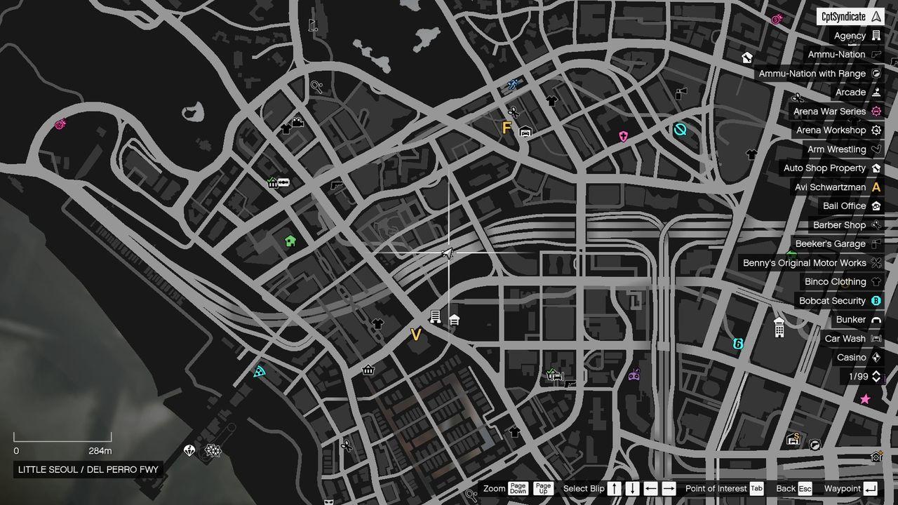 The map shows the location of the lucky clover on Del Perro Highway in Little Seoul.