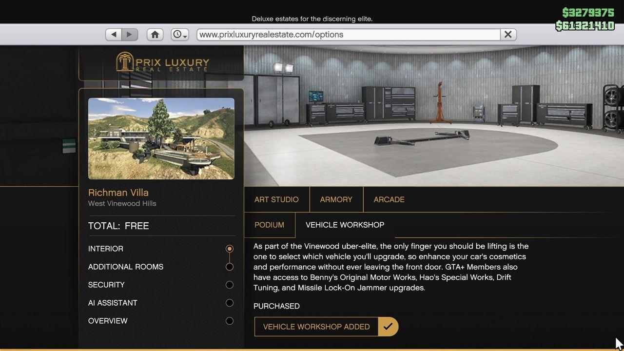 Mansion Vehicle Workshop purchase screen.