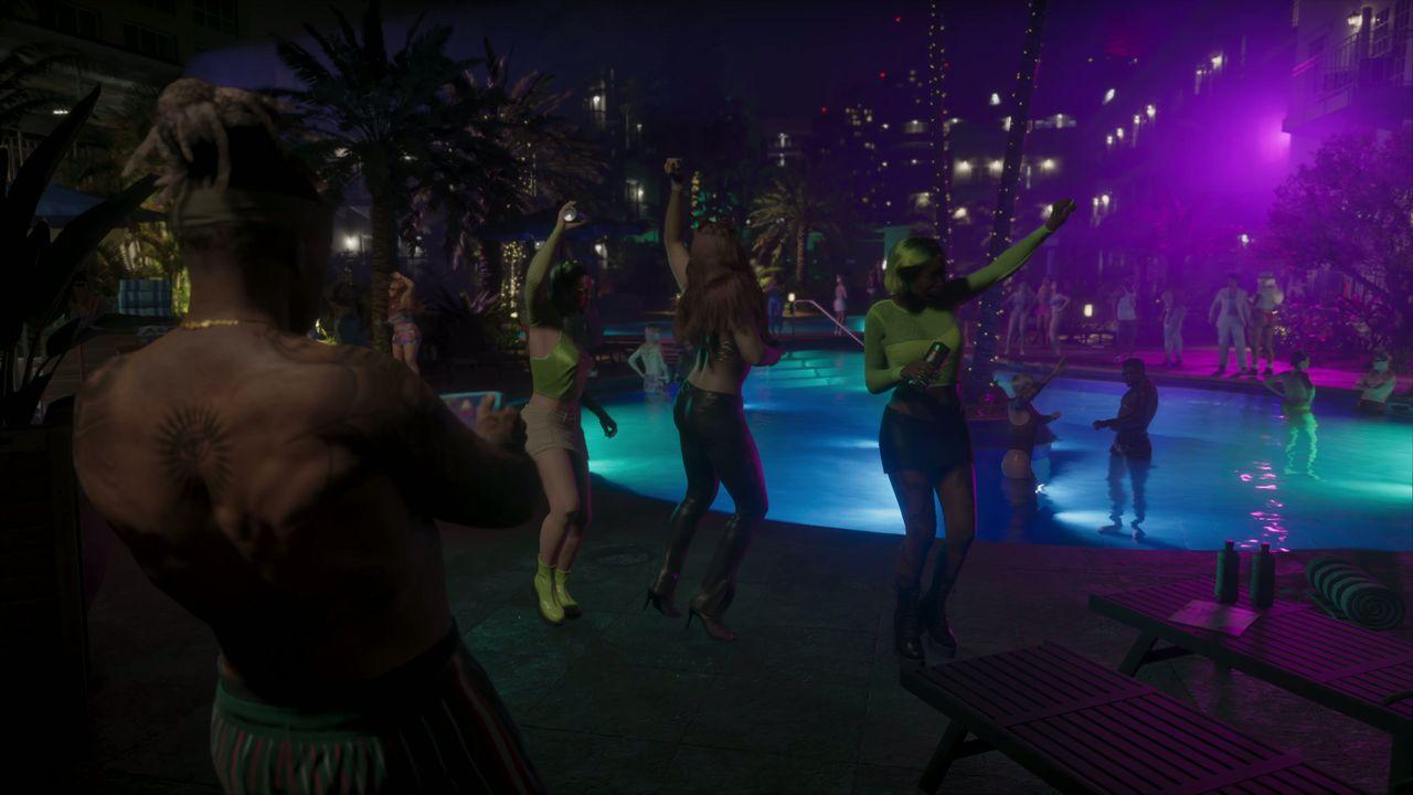 A neon-lit pool party carries on after dark.